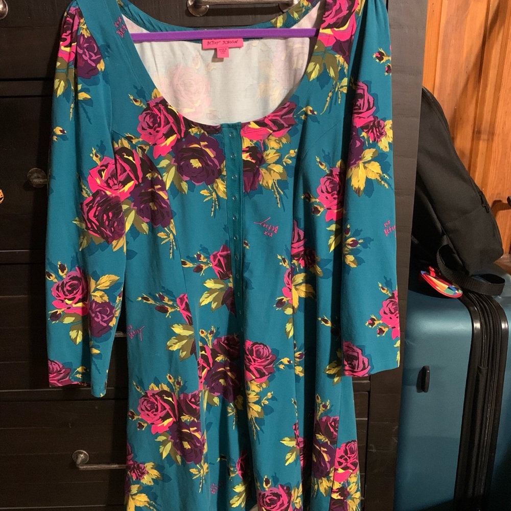 Betsey Johnson Teal Floral Long Sleeve Mini Dress